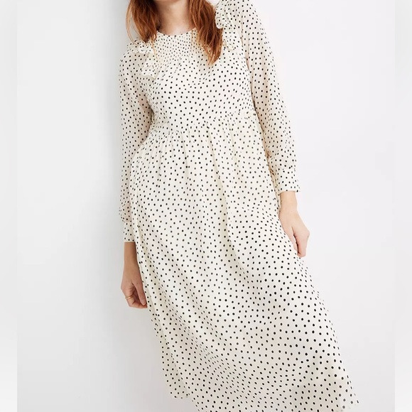 Madewell Midi Dress Georgette Smocked Ruffle Shoulder Inkbrush Dots Size M - Picture 15 of 15